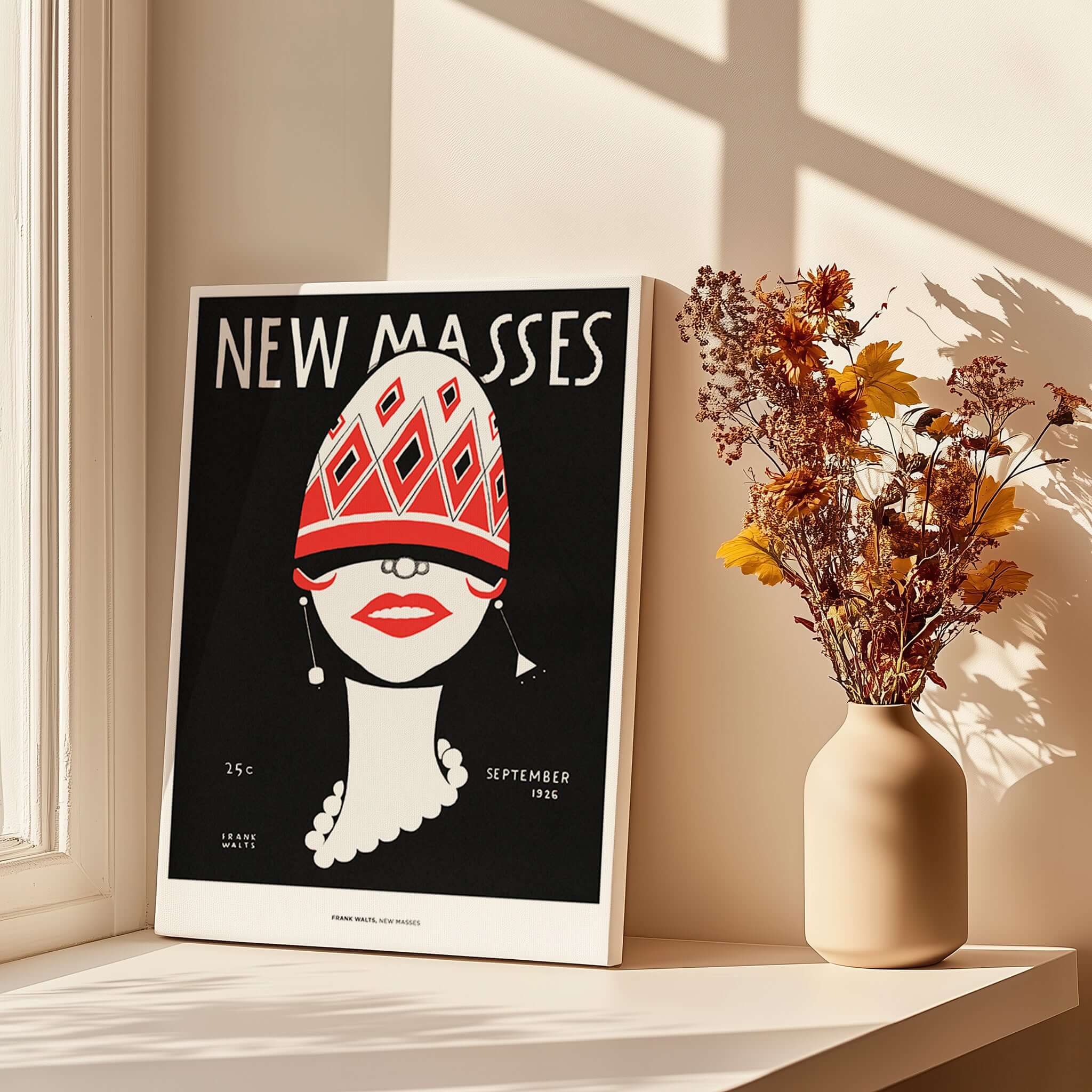 New Masses Frank Walts Art Deco Magazine Cover Poster Wall Art Print displayed near flowers in a vase.