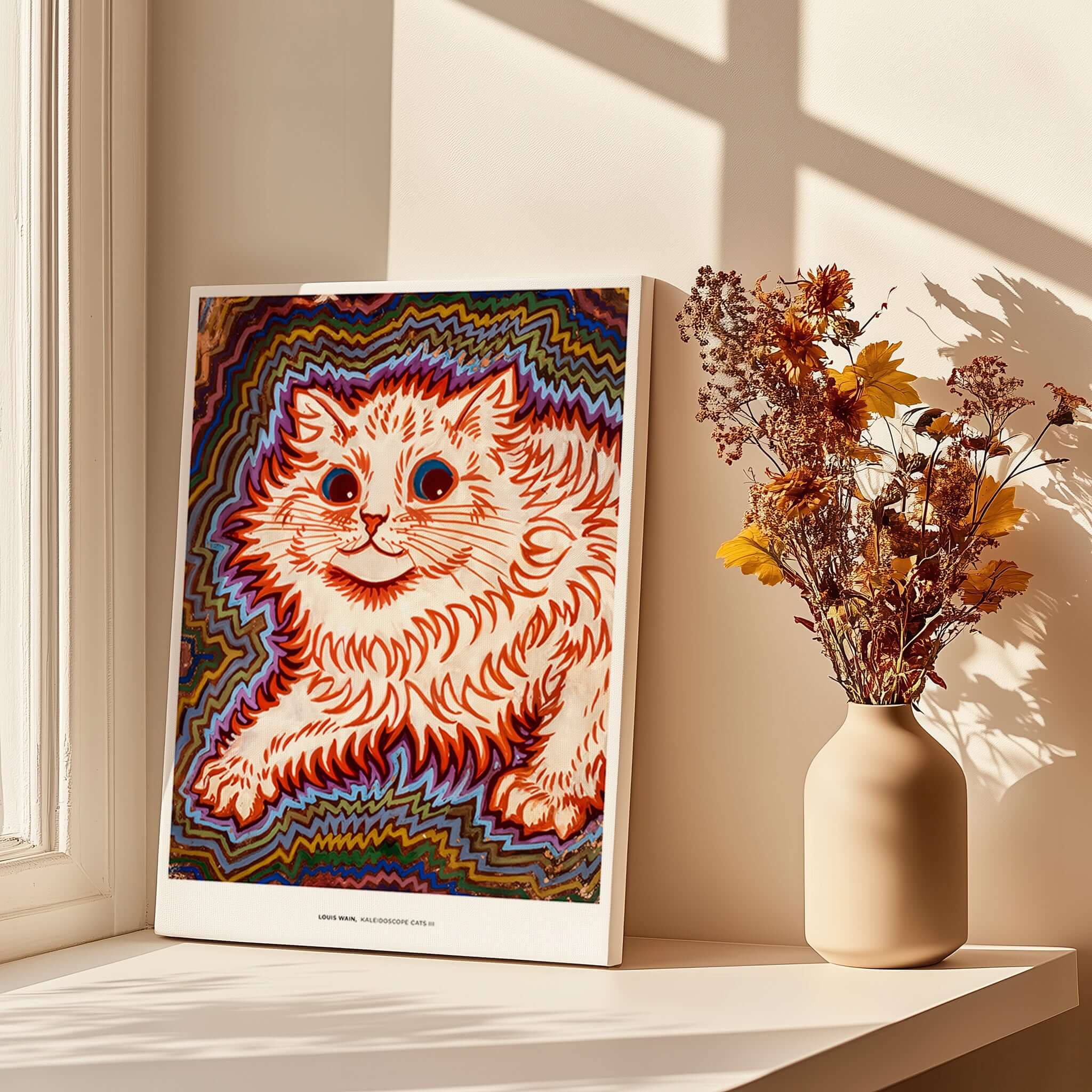 Kaleidoscope Cat Psychedelic Feline Poster Wall Art Louis Wain Exhibition Art Print displayed in a sunlit room.