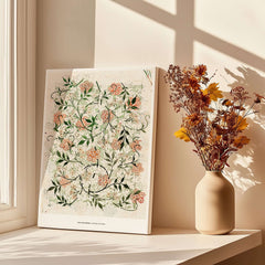 Exhibition Art Print William Morris Jasmine Pattern Floral Botanical Wall Art displayed on a shelf beside a vase of flowers.