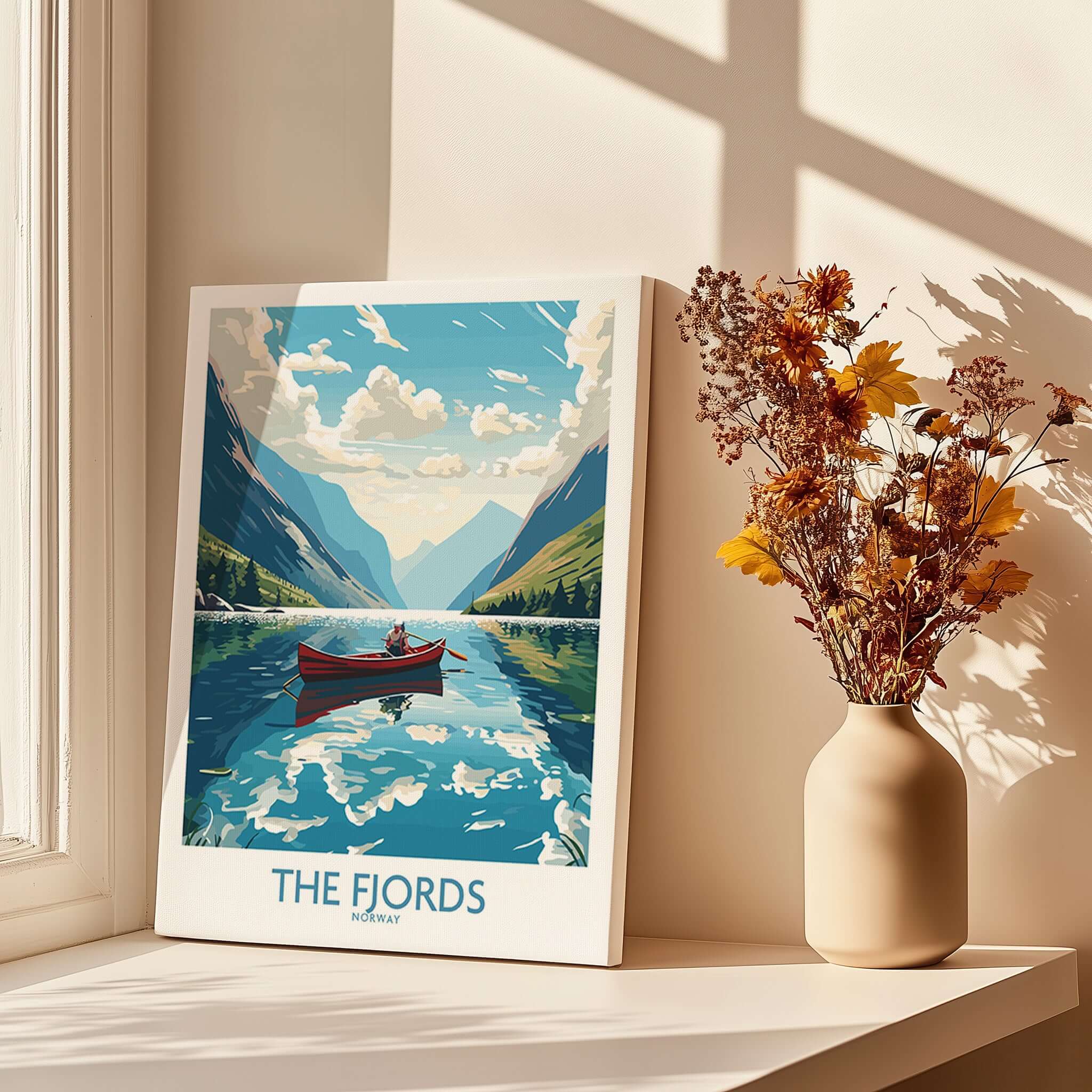 Fjords Norway Wall Art | Modern Style featuring a vibrant print of a boat in the fjords and scenic mountains.