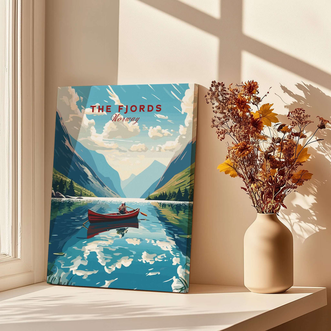 Fjords Wall Art Norway featuring a scenic landscape with a person in a boat on a serene fjord.