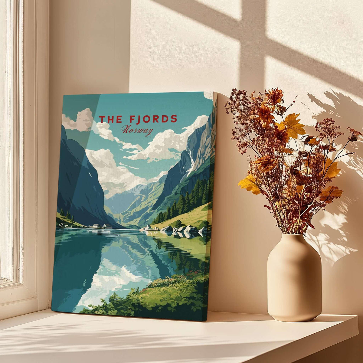 Norway Fjords Travel Poster featuring vibrant mountain scenery and tranquil waters, perfect wall art for home decor.