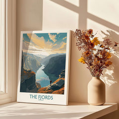 Fjords Wall Art | Modern Style featuring a stunning landscape of Norwegian fjords in a sunny interior setting.