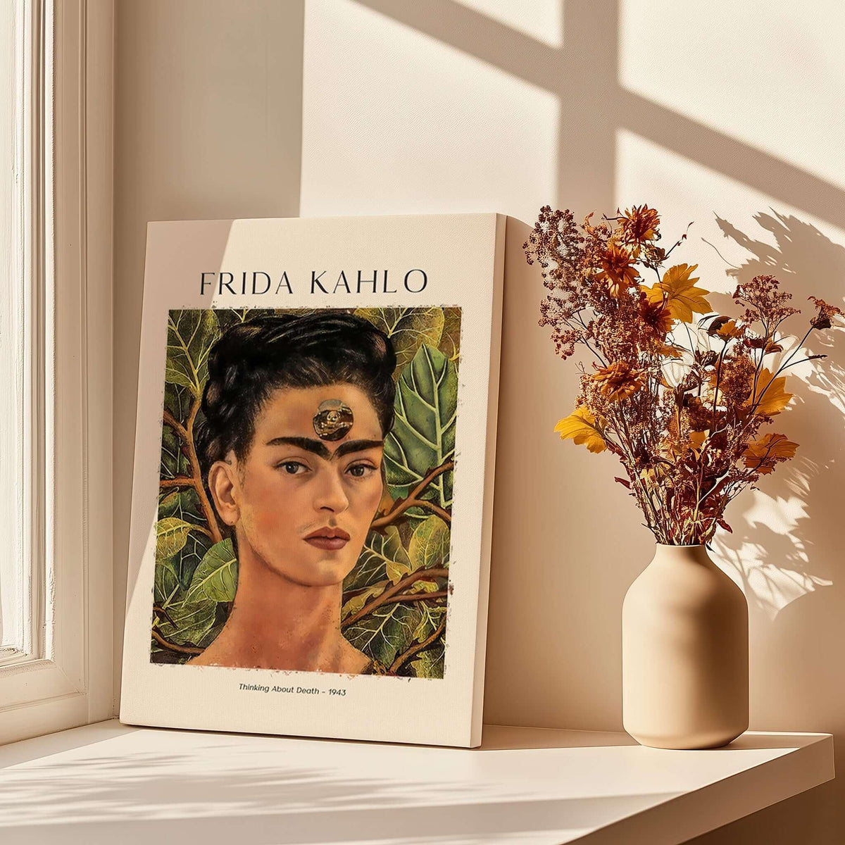 Frida Kahlo Thinking About Death Self Portrait Wall Art Print Poster displayed with a vase and flowers in natural light.