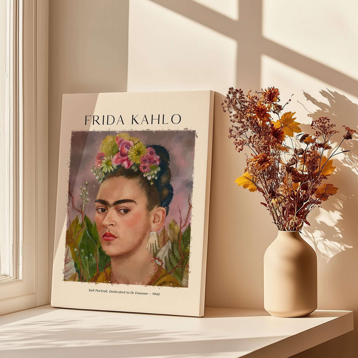 Frida Kahlo Self Portrait Dedicated Dr Eloesser Floral Poster Art Print displayed by a window with flowers.