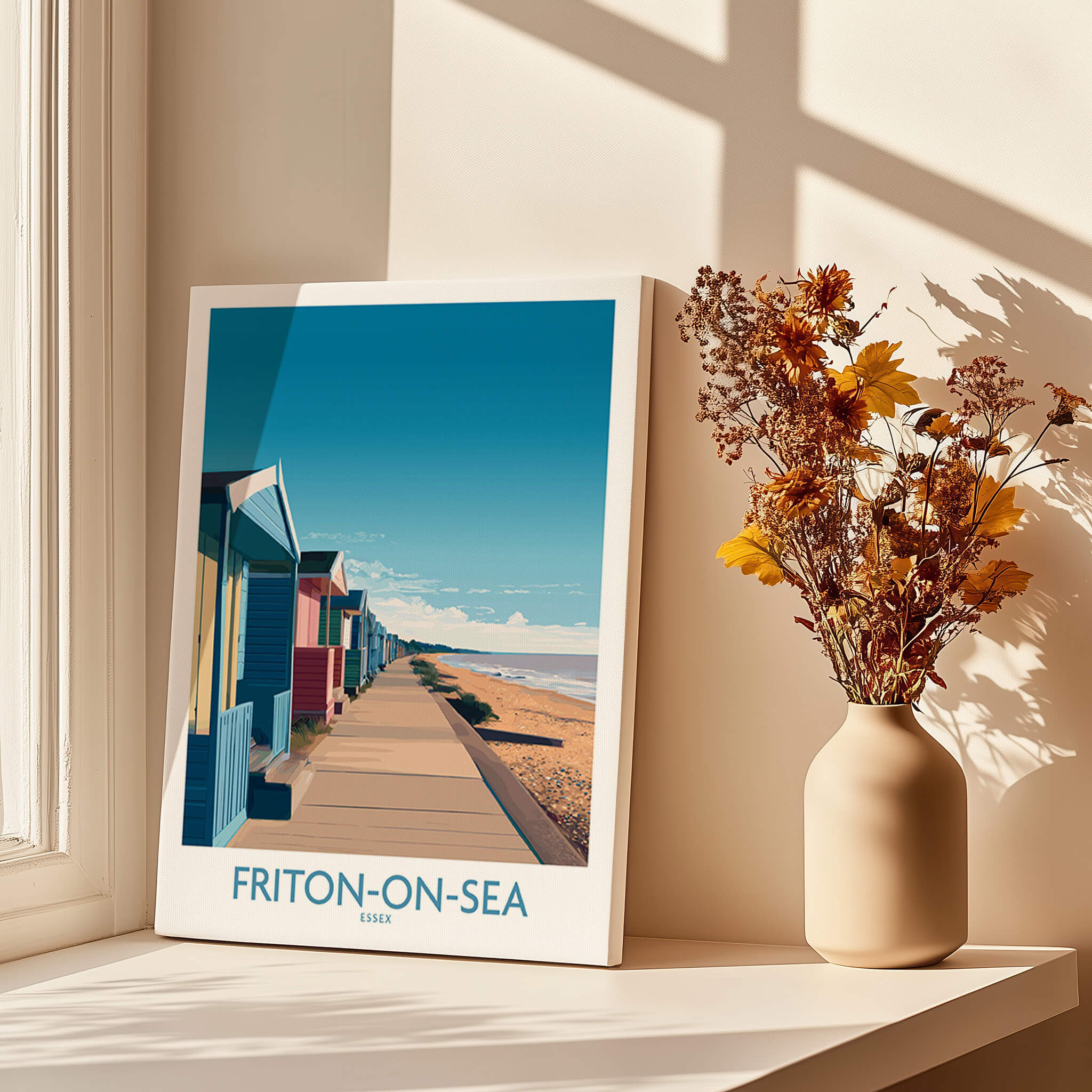 Frinton-on-Sea England Wall Art – Colorful Seaside Beach Hut Decor Print featuring colorful beach huts and a coastal view.