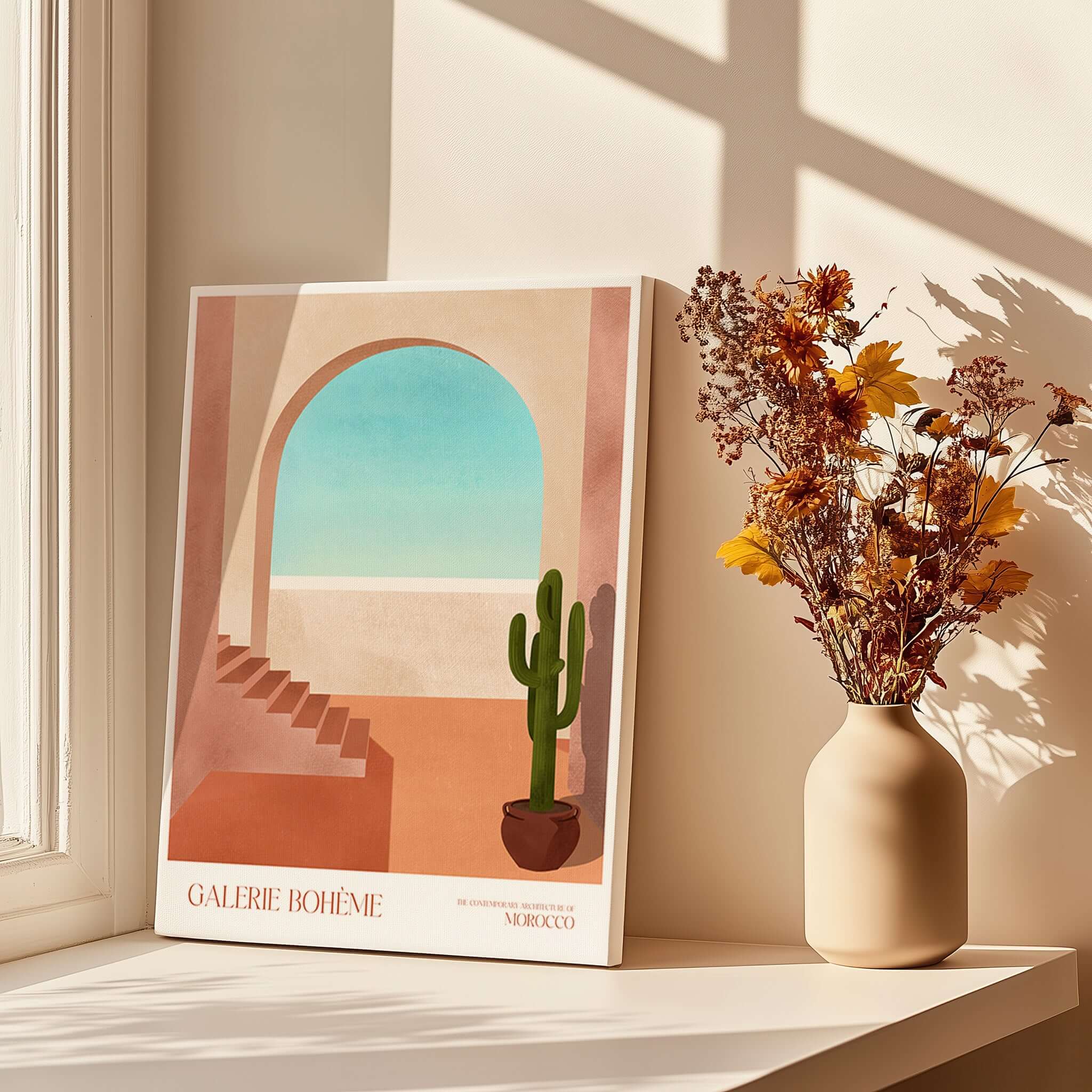 Galerie Bohème Moroccan Archway Cactus Art Print Terracotta Wall Decor Poster displayed on a table with flowers.