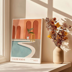 Galerie Bohème Poolside Morocco Architecture Poster Minimalist Wall Art Print displayed by a sunlit window with flowers.