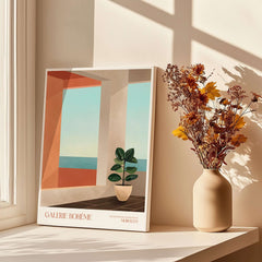 Galerie Bohème Ocean View Window Moroccan Style Art Print Boho Decor Poster displayed with a vase of flowers.