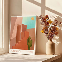 Galerie Bohème Abstract Moroccan Stairs Cactus Poster Desert Wall Art Print displayed on a table with sunlight.