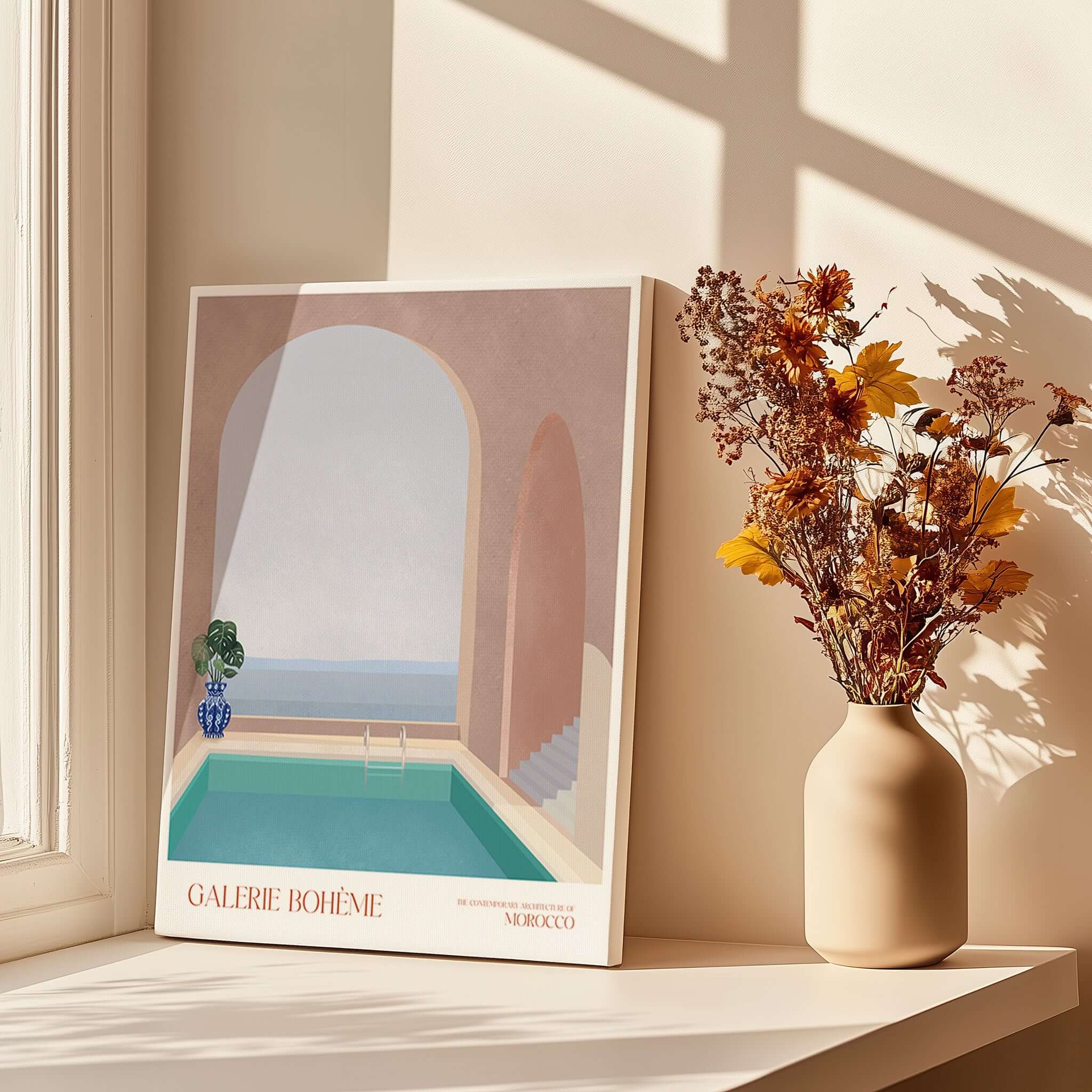 Galerie Bohème Moroccan Pool Ocean Archway Art Print Mediterranean Poster featuring a turquoise pool and elegant archways