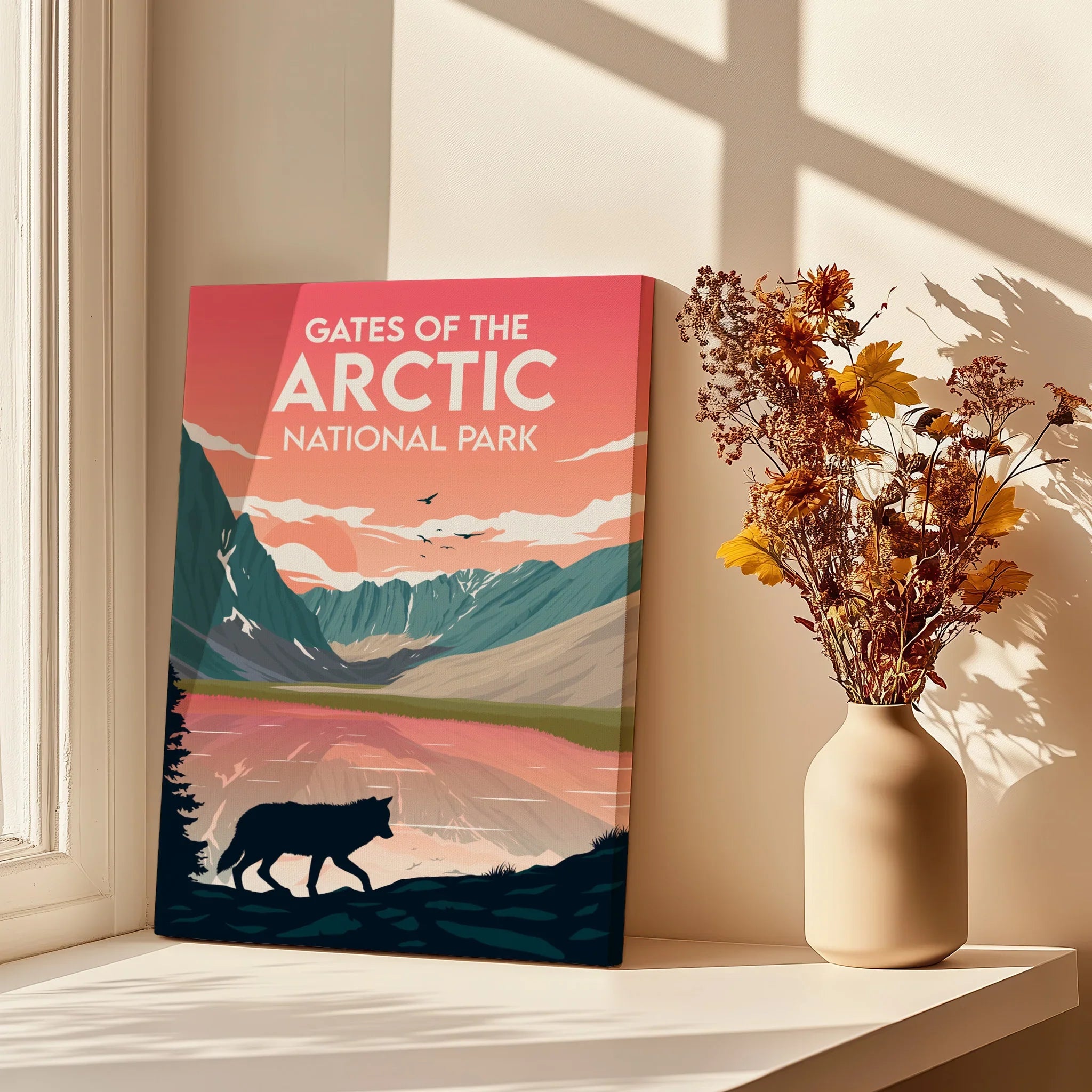 Gates of the Arctic National Park canvas print with mountain landscape and wolf, styled with flowers.