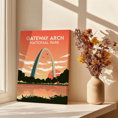 Gateway Arch National Park canvas print on windowsill with shadows and vase of flowers