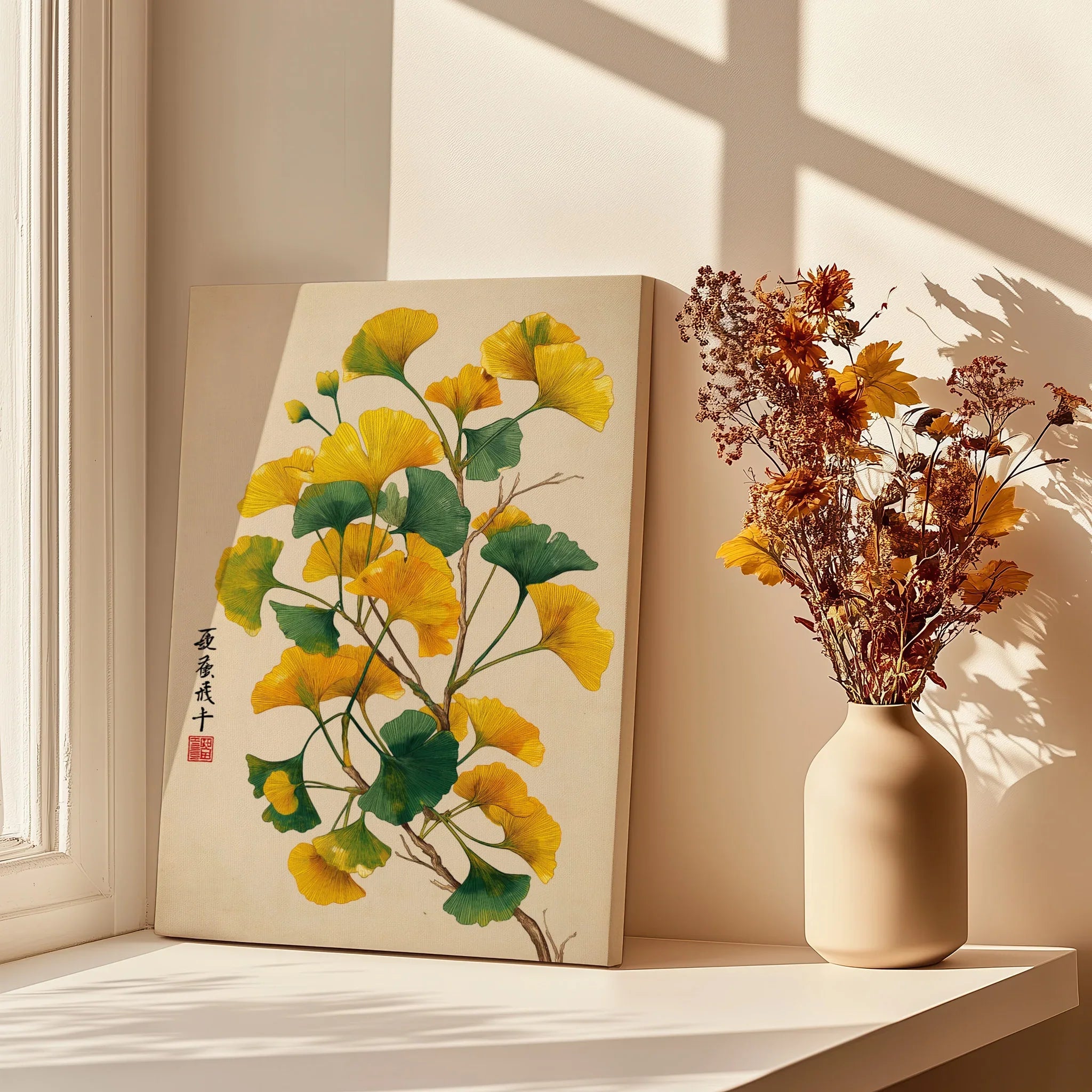 Ginkgo leaf canvas print with yellow flowers in a beige vase by a sunlit window.