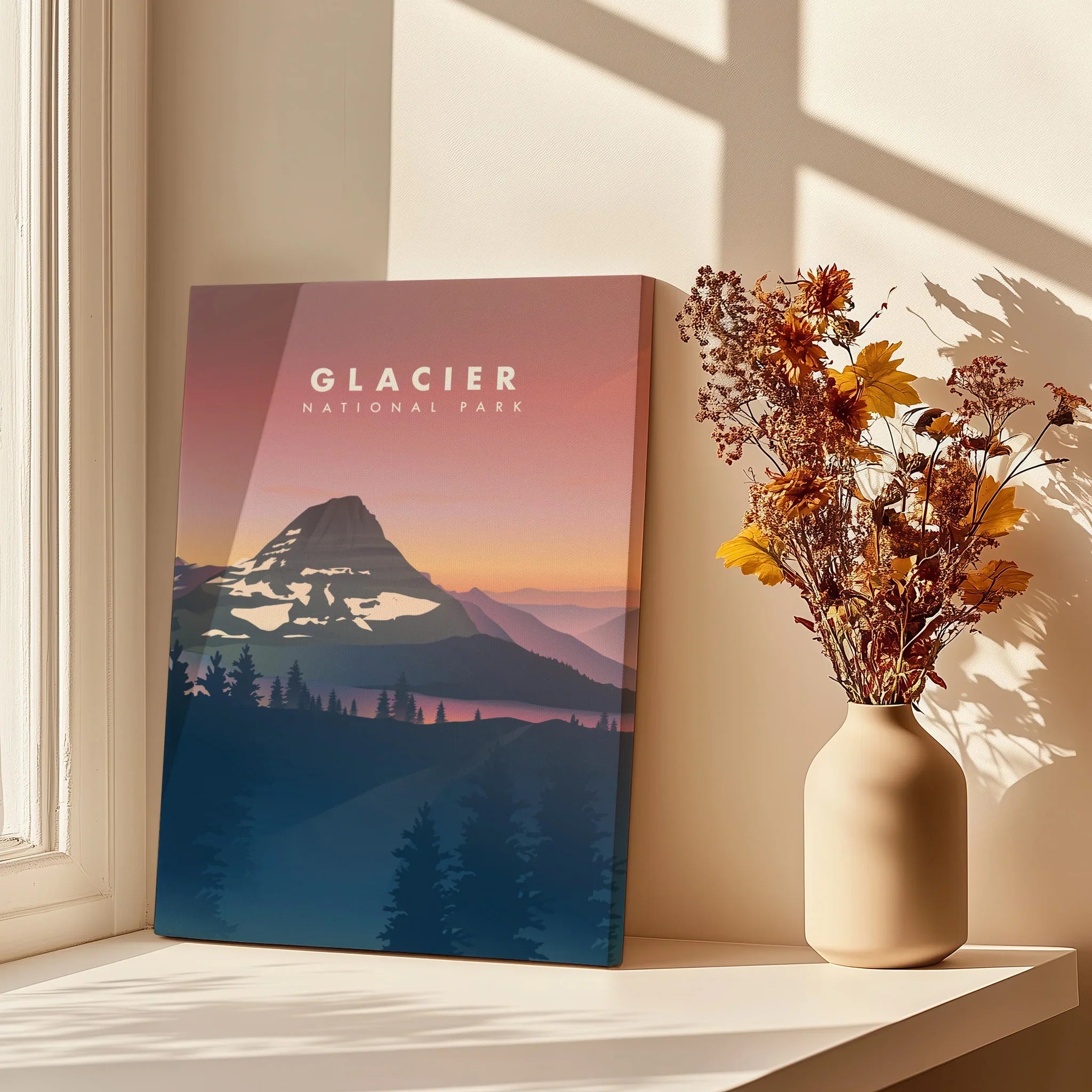 Glacier National Park canvas print on windowsill with dried flowers and soft sunlight