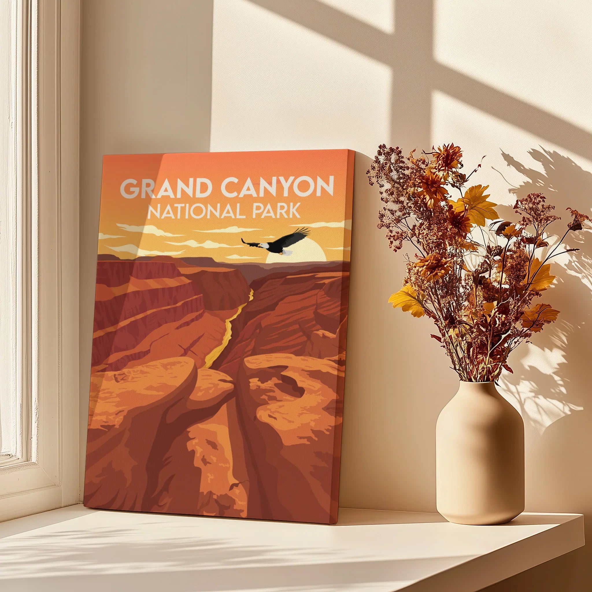 Grand Canyon National Park canvas art print by a window with sunlight and dried flowers in vase