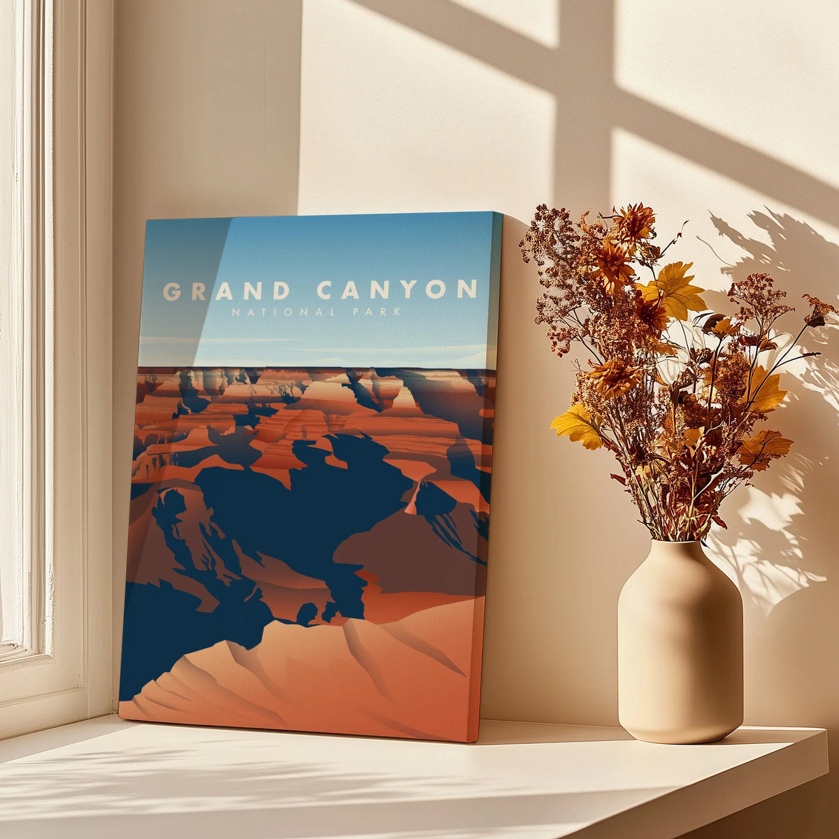 Grand Canyon National Park canvas print by window with sunlight and vase of dried flowers