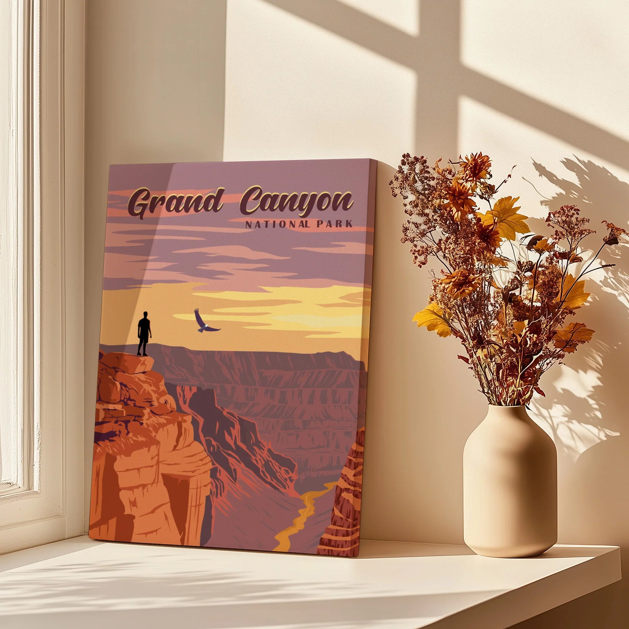 Grand Canyon National Park canvas art on sunlit windowsill with dried flowers in vase