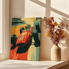Retro race car wall art print on windowsill with flower vase and sunlight shadows