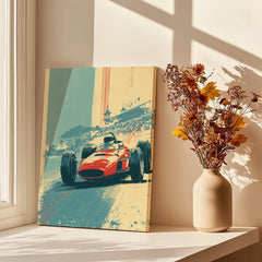 Vintage race car canvas print on sunny windowsill beside vase with dried flowers