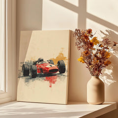 Canvas print of vintage race car on a sunlit shelf with vase of dried flowers.