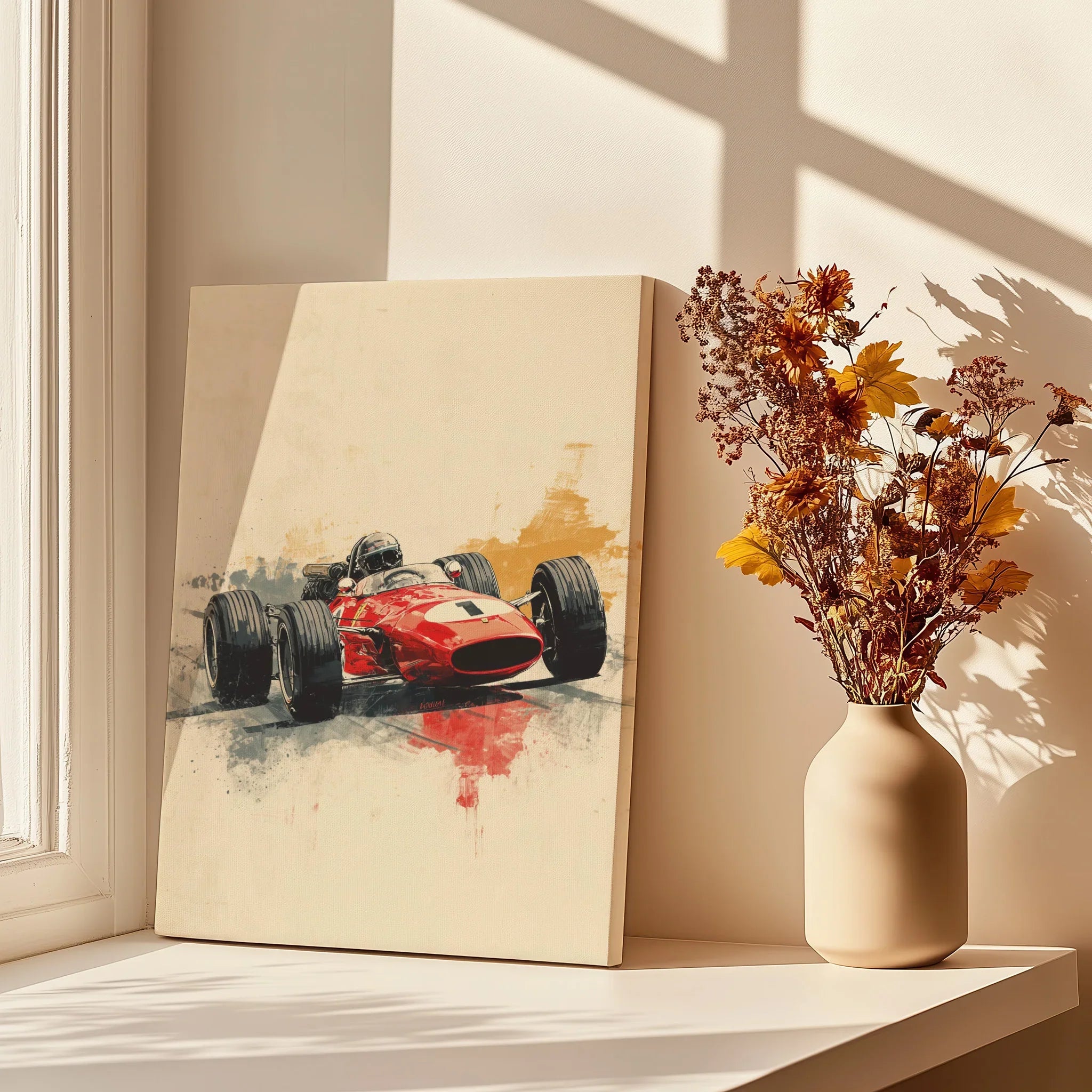 Canvas print of vintage race car on a sunlit shelf with vase of dried flowers.