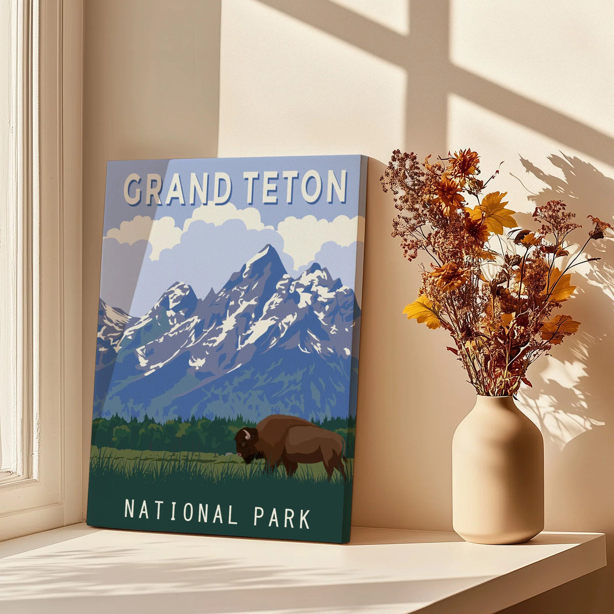 Grand Teton National Park canvas print with bison, mountain art by sunlit window and vase