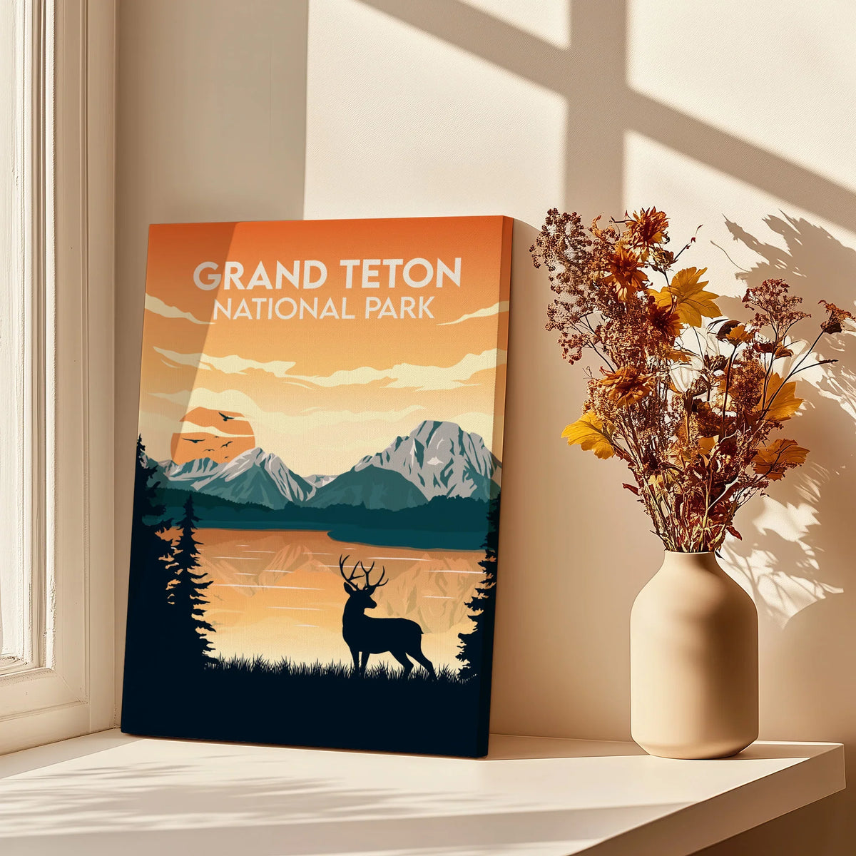 Grand Teton National Park art print with mountains, deer silhouette, and dried flowers on windowsill