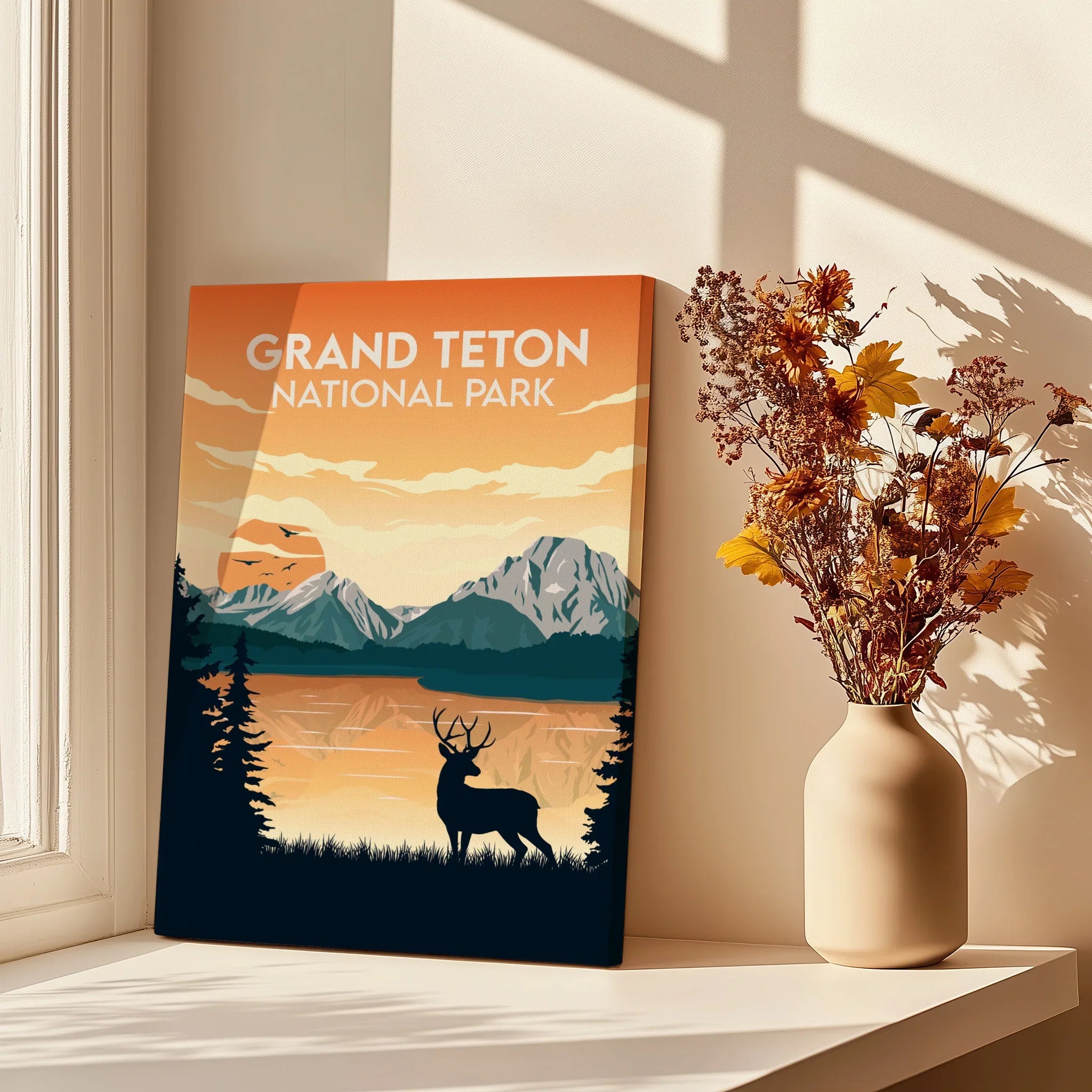Grand Teton National Park art print with mountains, deer silhouette, and dried flowers on windowsill