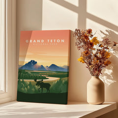 Grand Teton National Park canvas print with moose, mountains, and vase of dried flowers by window