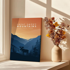 Great Smoky Mountains National Park canvas print in window light with vase of dried flowers
