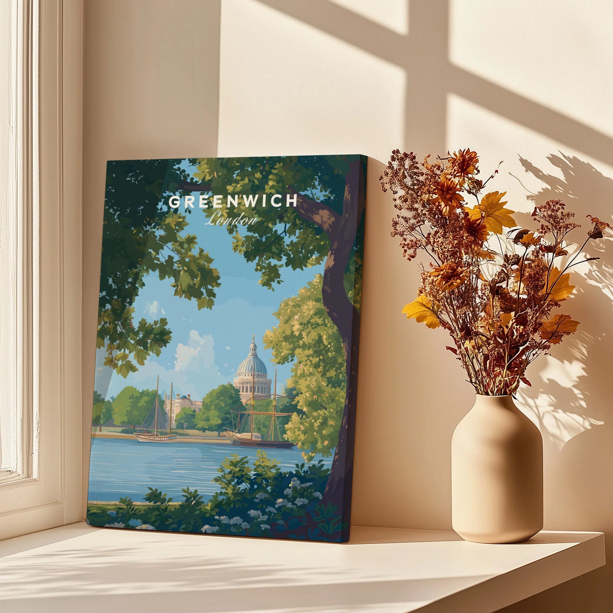 Greenwich London travel art print on shelf by window with vase of dried flowers