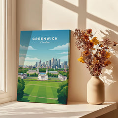 Greenwich London travel poster print on windowsill, with vase of dried flowers and sunlight