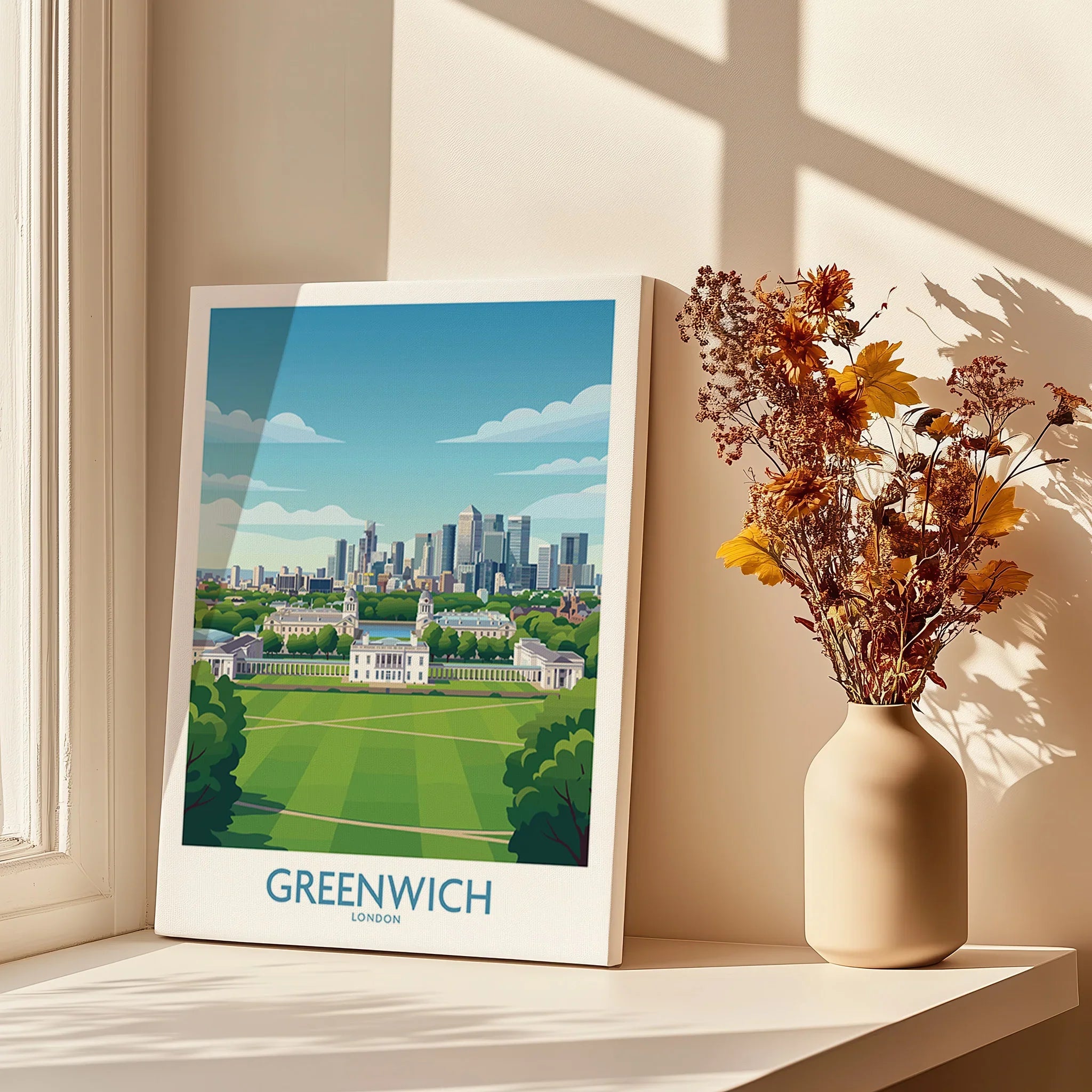 Greenwich London wall art print on windowsill with vase of dried flowers in sunlight
