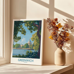 Greenwich London canvas wall art print beside a vase of dried flowers on a sunlit windowsill.