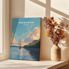 Greenwich London travel poster canvas print on windowsill with vase of dried flowers, sunlight and shadows.
