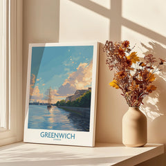 Greenwich London canvas wall art on windowsill with dried flowers in a vase, sunlit decor