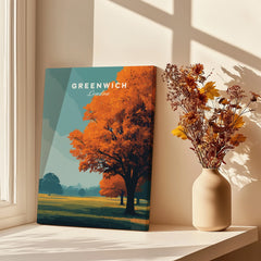 Greenwich London travel poster canvas print on windowsill with dried flowers in vase