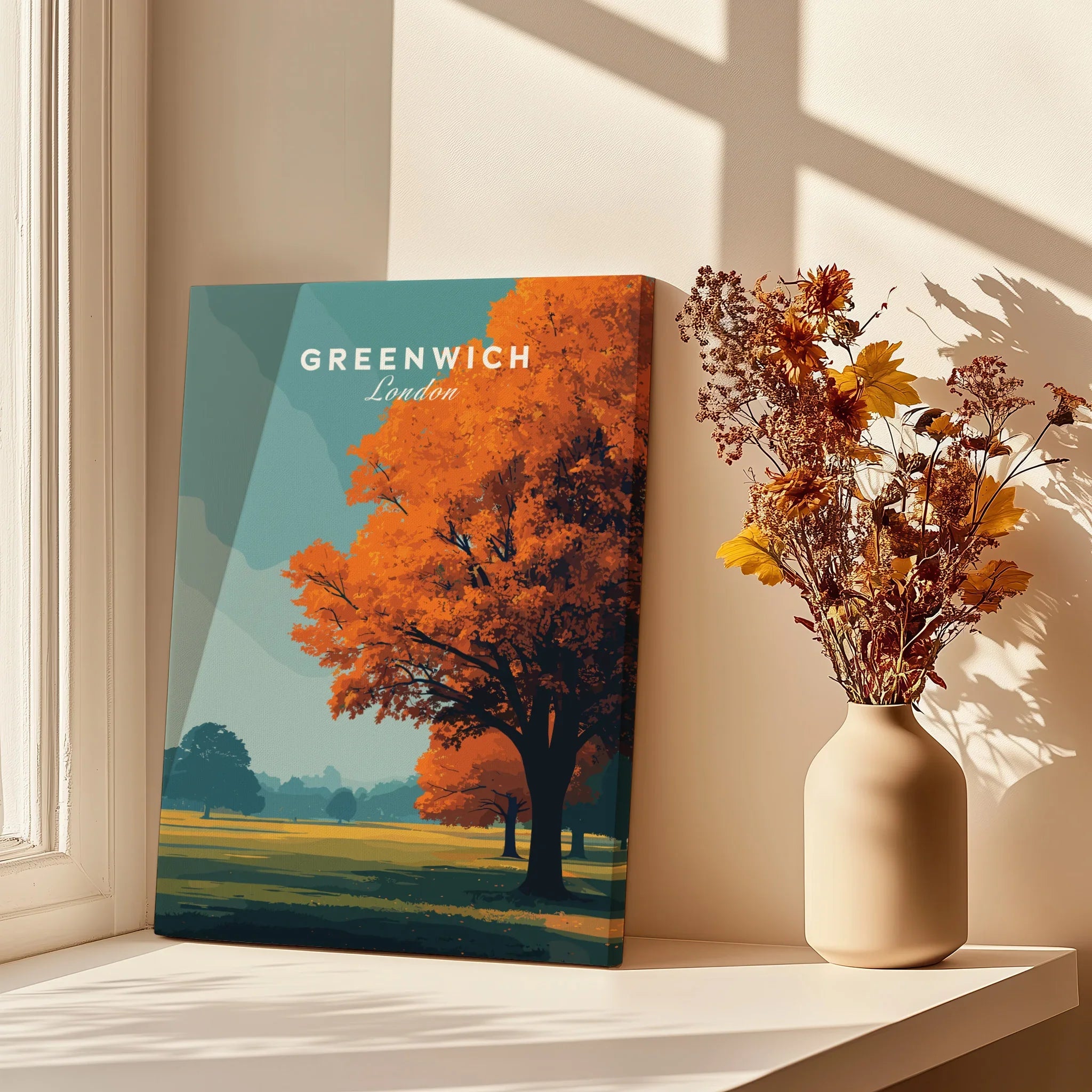 Greenwich London travel poster canvas print on windowsill with dried flowers in vase