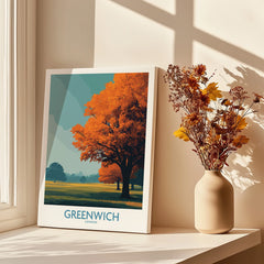 Greenwich London art print with autumn trees on windowsill beside vase of dried flowers