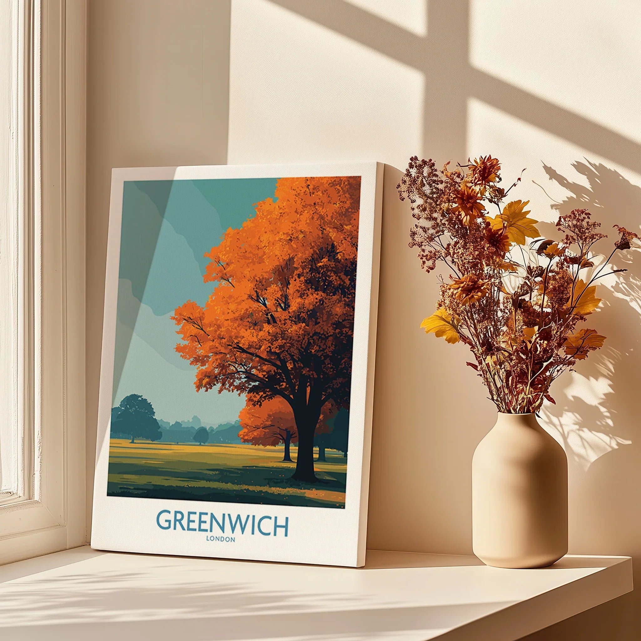 Greenwich London art print with autumn trees on windowsill beside vase of dried flowers