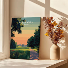 Greenwich London travel poster canvas print on windowsill with vase of dried flowers