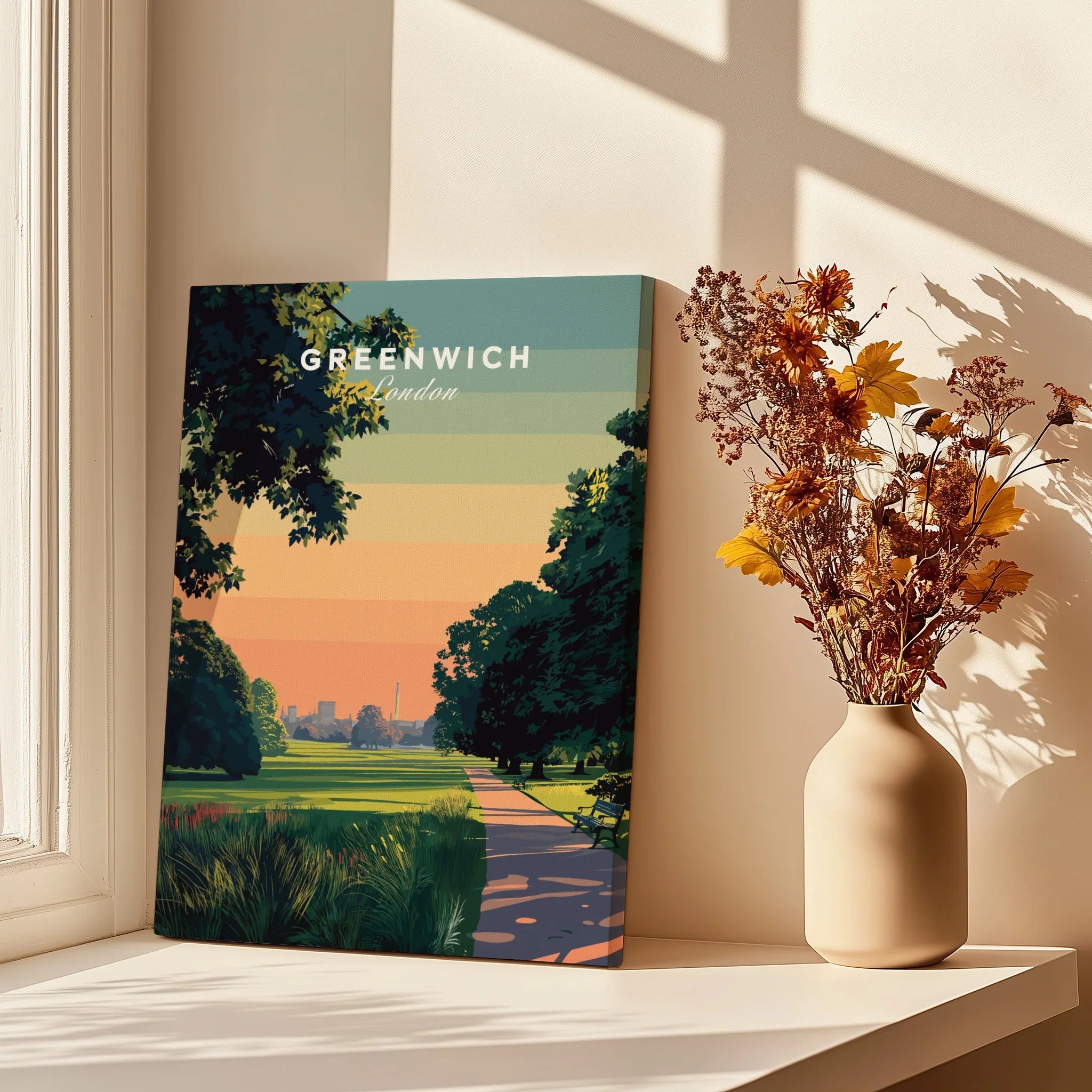 Greenwich London travel poster canvas print on windowsill with vase of dried flowers