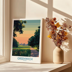 Greenwich London travel poster canvas print by a sunlit window with vase of dried flowers