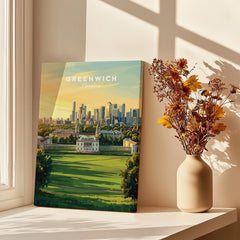 Greenwich London city skyline wall art print by window with vase of dried flowers.
