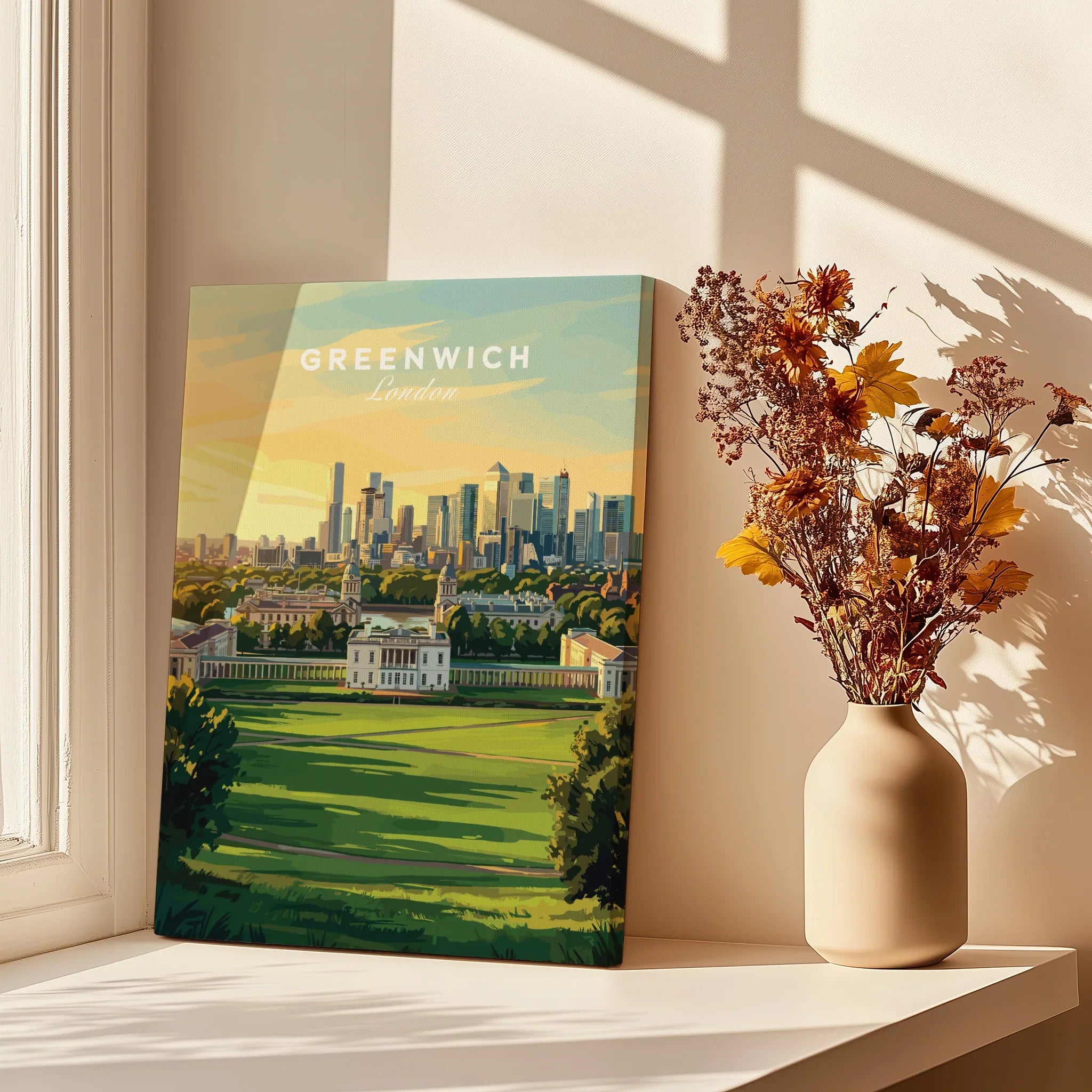 Greenwich London city skyline wall art print by window with vase of dried flowers.
