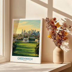 Greenwich London canvas art print on windowsill with sunlight and vase of dried flowers