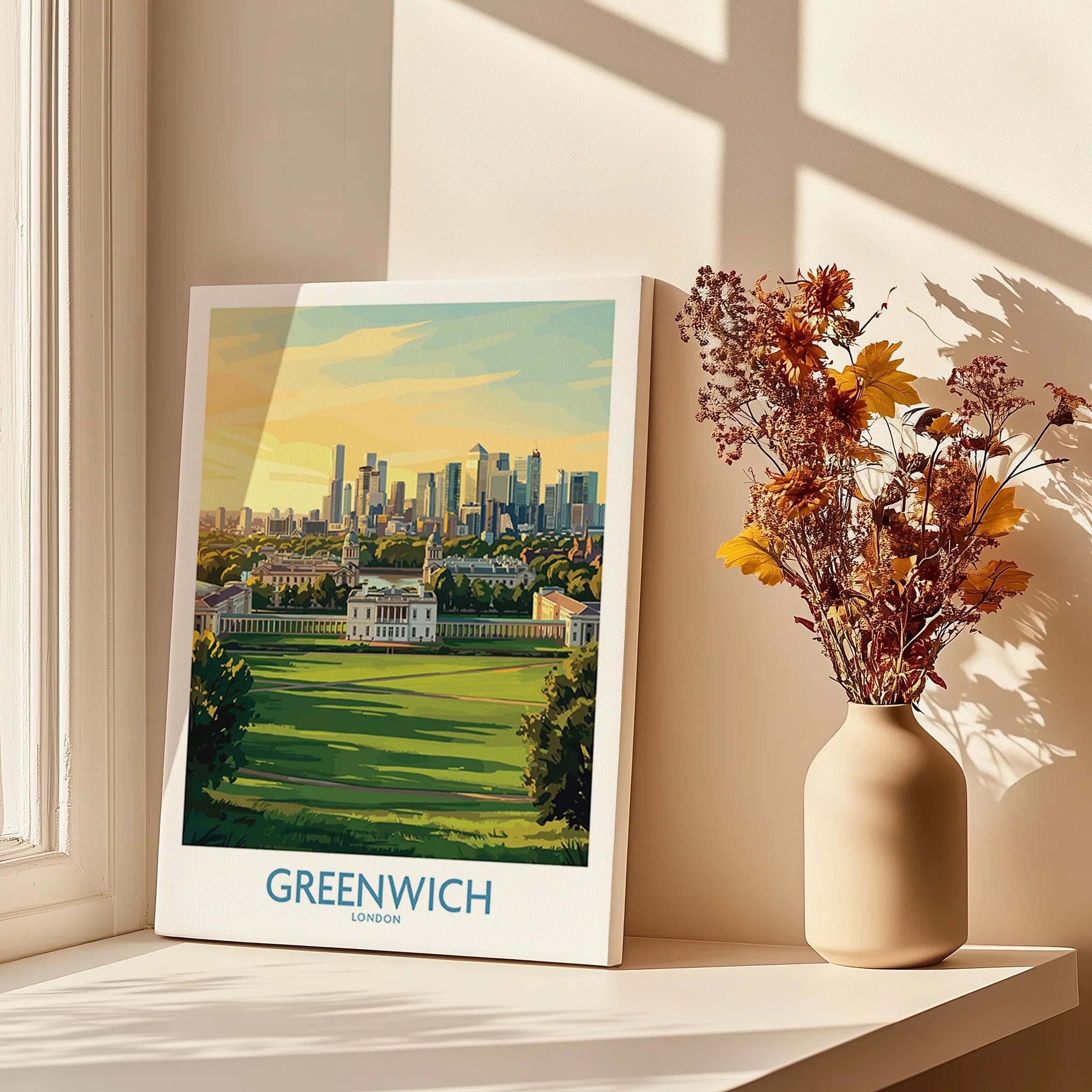 Greenwich London canvas art print on windowsill with sunlight and vase of dried flowers