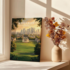 Greenwich London travel poster canvas print on windowsill with dried flowers in vase