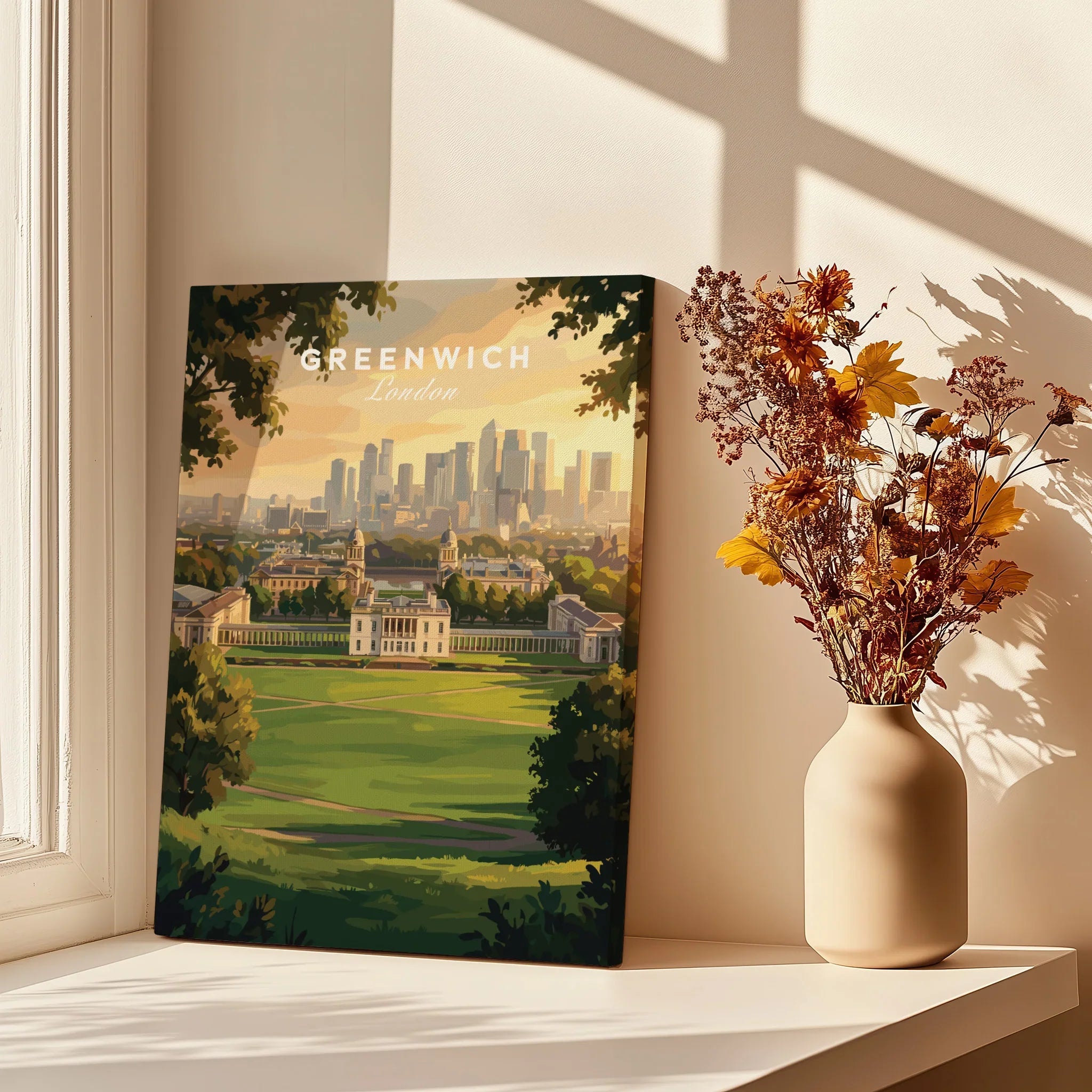 Greenwich London travel poster canvas print on windowsill with dried flowers in vase